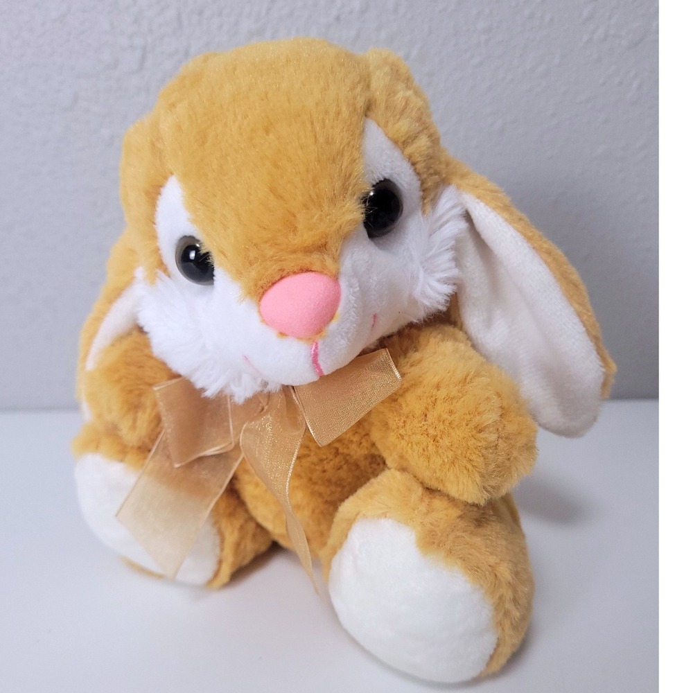 Tom's Toy International Tan White Plush Bunny Rabbit Gold Bow 8 Inch Stuffed Toy